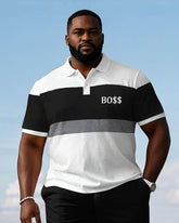 Black & White & Grey Classic Color Patchwork Casual Short-sleeved POLO Shorts Suit Men's Plus Size